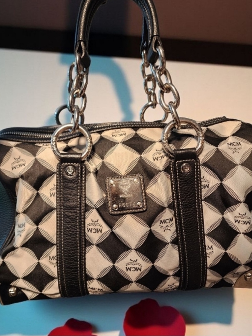EUC🌹Luxury MCM Black and White Patterned Satchel W/Leather and Chain Handles